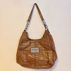 Guess Los Angeles Y2K Faux Leather Croc Alligator Chain Shoulder Bag Tan Brown